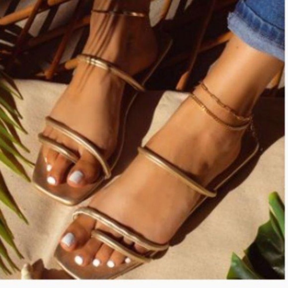 Light Gold Square Toe Strappy Slide Sandals